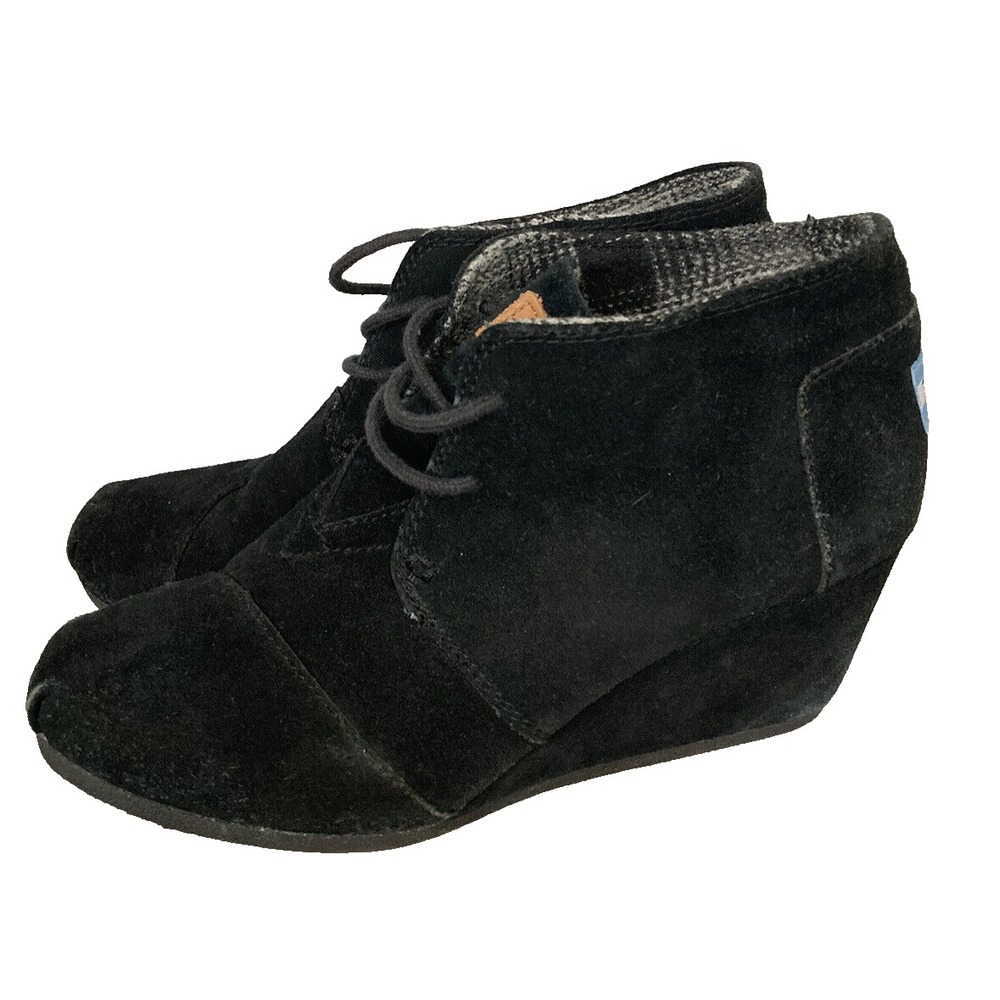 Toms Solid Black Desert Suede Wedge Booties Ankle Lace Up‎ Womens Size 7.5